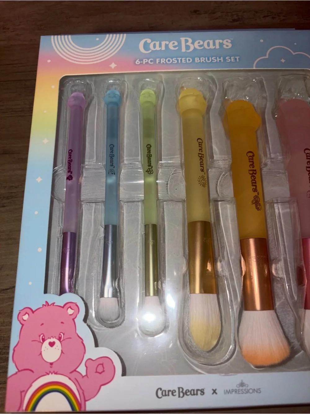 Care Bears Pastel Rainbow 6 Pc Makeup Brush Set Bear Handle Brushes NIB
